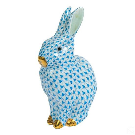 Herend Porcelain Blue Fishnet Wild Rabbit Figurine