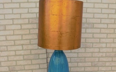 Hollywood Regency Oversized Turquoise Table Lamp with Gold Lamp Shade