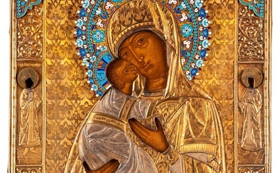 Icône de la Mère de Dieu de Vladimir flanquée de Saint Constantin et Sainte Hélène....