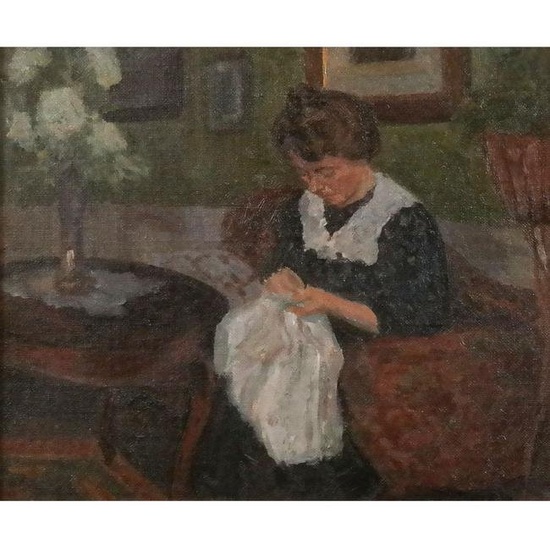 Impressionist Painting of a Woman Sewing
