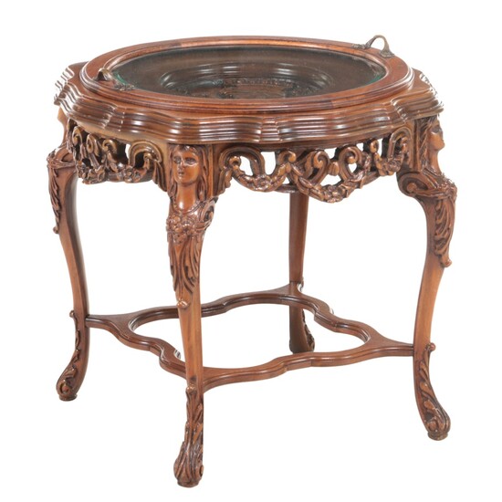 Italian Carved Walnut and Glass Tray-Top Side Table, 20th Century