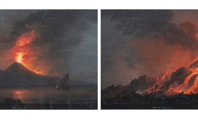 Italie XIXème, Suite de deux grandes Gouaches Napolitaines, "Eruption du Vésuve"