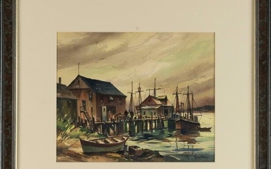 JOHN CUTHBERT HARE (Massachusetts/Florida, 1908-1978), Dock scene., Watercolor on paper, 9.5" x 12"