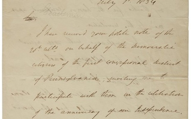 Jackson, Andrew. Manuscript letter draft signed, to a Pennsylvania Fourth of July committee, 1 July 1834