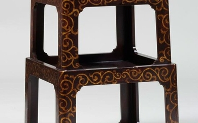 Japanese Brown Lacquer and Parcel-Gilt Two-Tier Stand