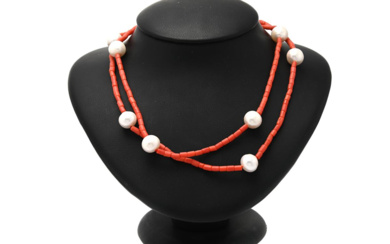 Jewellery Necklace NECKLACE, coral, cultured freshwater pearls approx. 11,4 m...
