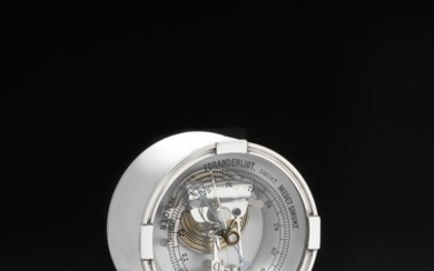 Johan Rohde: Sterling silver barometer with hammered surface and stylized ornamentation. On a black stone base. H. 15 cm.