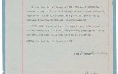 John F. Kennedy 1957 Hyannisport Signed Mortgage Note
