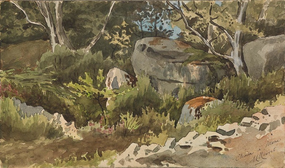 LOUIS-MAURICE BOUTET DE MONVEL (Orléans 1850-1913 Paris) A Rocky Wooded Landscape. Watercolor on...