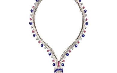Lapis Lazuli, Pink Tourmaline, Cultured Pearl and Diamond 'Zip' Necklace-Bracelet Combination, France, Van Cleef & Arpels