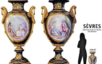 Large 19th C. Pair Of Sevres Porcelain Bronze Figural Mounted Vase, Singed By Henri Poitevin
