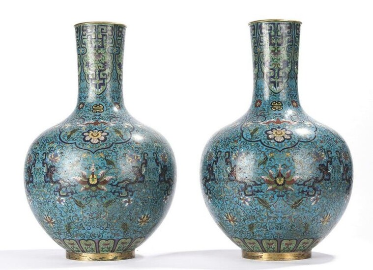Large Chinese Cloisonne Enamel Globular Vase Pair