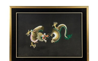 Large Chinese Silk Embroidered Dragon Framed