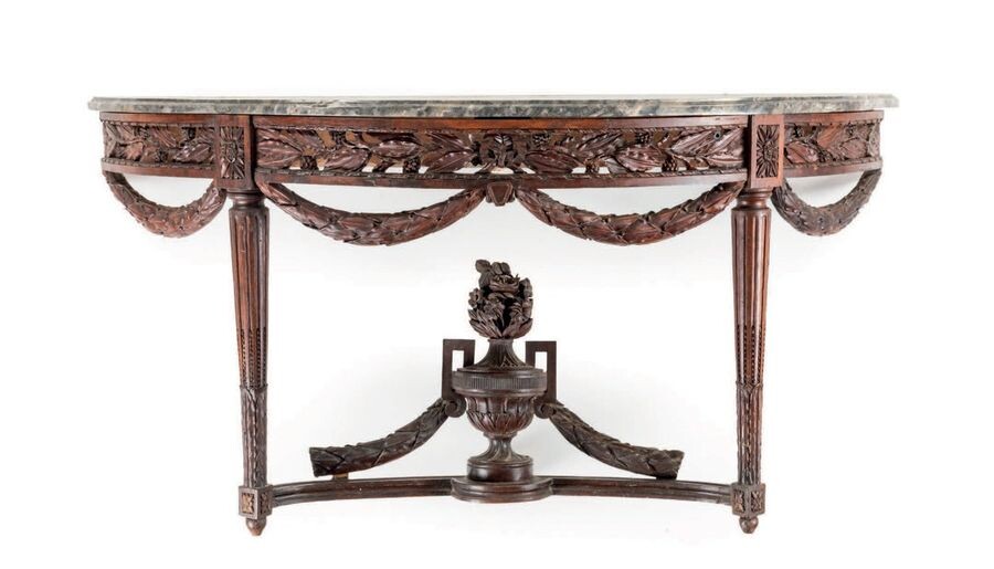 Large carved walnut half-moon console with flower decoration,...