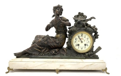 Late Victorian figural spelter mantle clock signed Mourey, white...