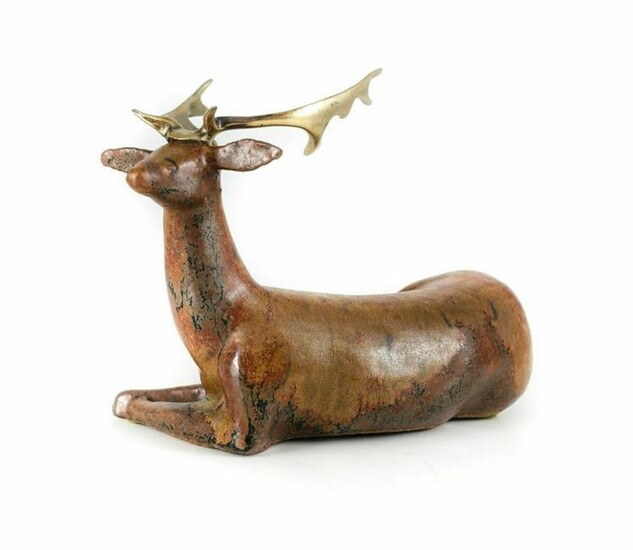 Loet Vanderveen Ceramic Bronze Deer Sculpture, Signed