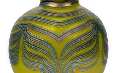 Loetz (Austrian), an iridescent Phaenomen ‘acid-yellow’ glass vase, c.1905, PG 829, ground out pontil, Globular form with everted neck, decorated with silver and blue threads and banding pulled to a point towards the base, 13.5 cm high, Property...