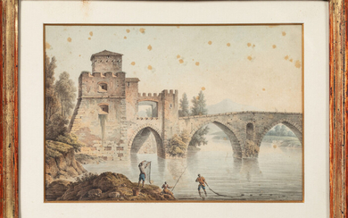 Lot 20 ECOLE FRANCAISE vers 1800, suiveur de Joseph VERNET Pêcheurs au filet près d'un pont Plume et encre...