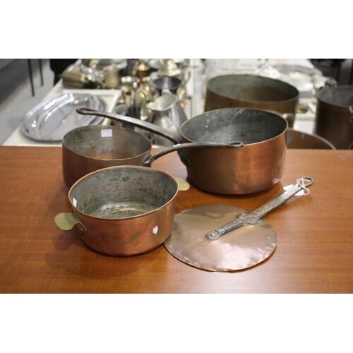 Lot of French copper to include two saucepans, twin handled ...