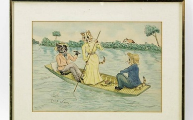 Louis Wain, Kittens on a Boat, Watercolor