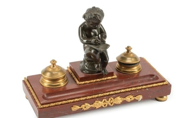 Louis XVI-Style Bronze, Marble Figural Inkwell