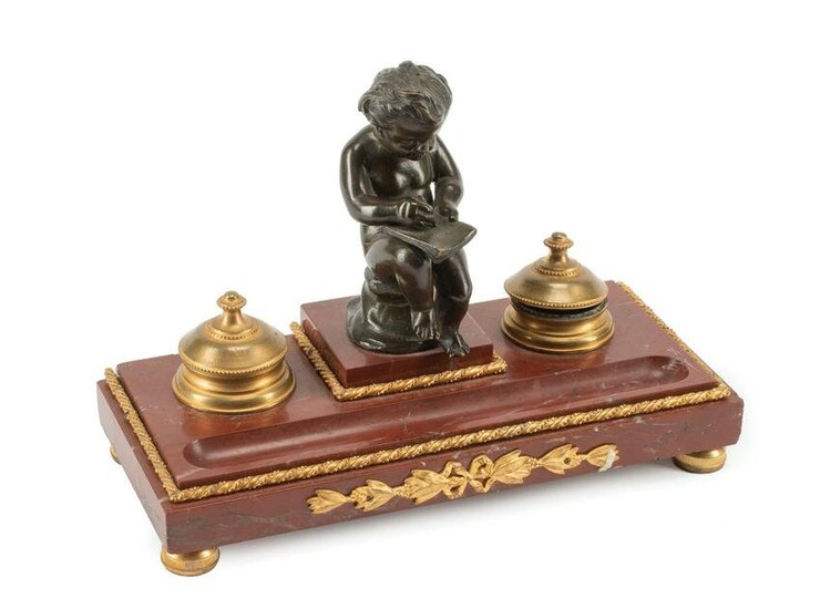 Louis XVI-Style Bronze, Marble Figural Inkwell