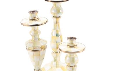 MacKenzie-Childs "Parchment Check" Enameled Metal Candlesticks