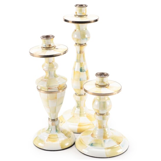 MacKenzie-Childs "Parchment Check" Enameled Metal Candlesticks