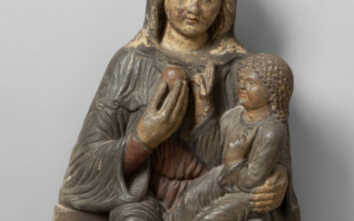 Madonna con Bambino in trono, scultura in pietra dipinta in policromia, Veneto...