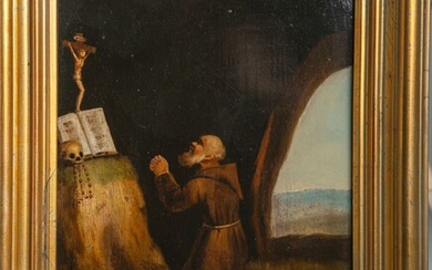 Maître ancien inconnu (18e siècle), Moine priant à genoux dans une grotte rocheuse, huile/panneau de...