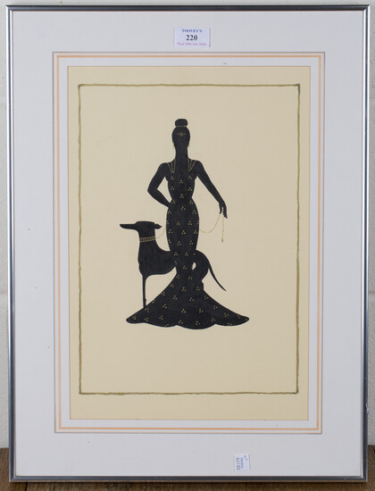 Manner of Erté - Art Deco Women with Dogs, a pair of pen and inks with gilt, each 39cm x 26.5cm