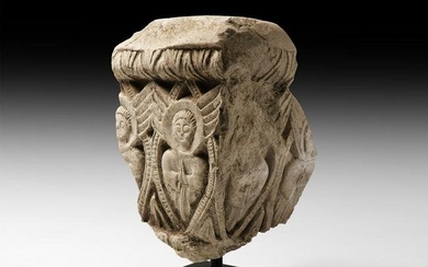 Medieval Carved Stone Capital with Angels