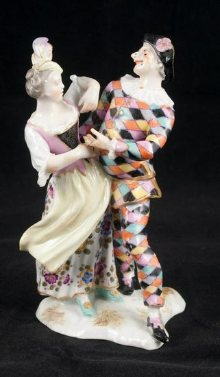 Meissen porcelain of a court jester and woman dancing