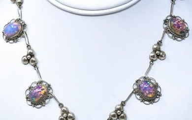 Mexican Sterling Art Glass Opal Cabochon Necklace