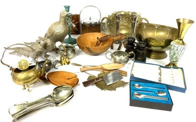 Mixed lot of metal and ephemera, including a pair of plated table pheasants, a pair of vintage