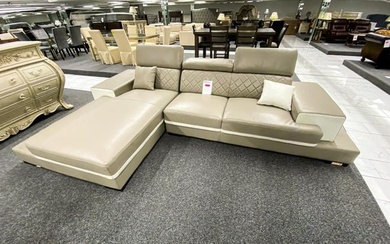 Modern leather grey/ cream color sectional with left facing chaise