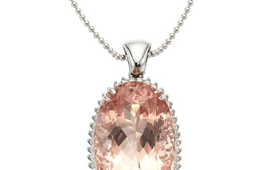 Morganite, Diamond, White Gold Pendant-Necklace Stones: Oval-shaped morganite weighing...