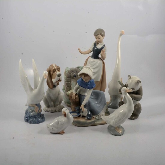 Nao Girl with Broken Jug, Milk For The Cat, Sad Hound Dog, Panda With Bamboo and four swan figures..