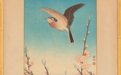 OHARA KOSON OBAN TATE-E PRINT Depicts a sparrow and cherry blossoms. Signed "Shoson." Watanabe Publishing. Framed 20.75" x 15.5".