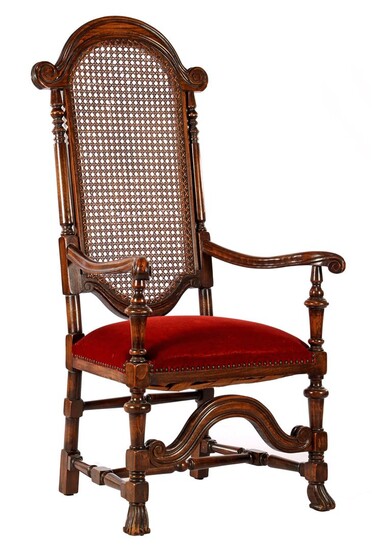 (-), Oak armchair with webbing back and red...