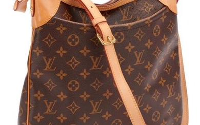 "Odeon" monogram canvas and natural leather bag, beige canvas zipper on main compartment, front pocket, adjustable shoulder strap