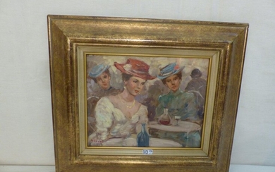Oil on panel "Elegantes at the terrace of a cafe". Signed di Rocca.