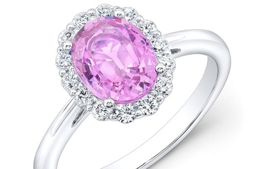 Oval Pink Sapphire And Diamond Halo Ring In 14k White Gold
