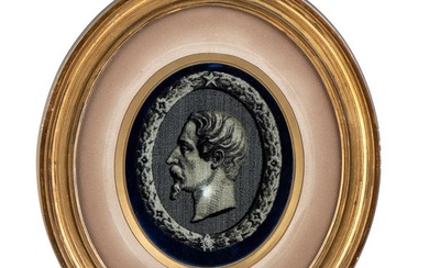Oval portrait of Napoleon III printed on fabric, in a contemporary frame, late 19th century