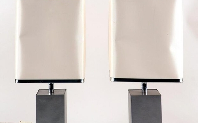 PAIR FRENCH BRUSHED STEEL TABLE LAMPS C.1970