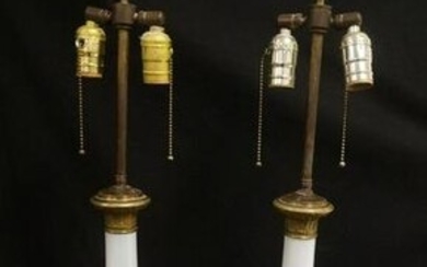 PAIR OF BRASS & OPALESCENT GLASS TABLE LAMPS