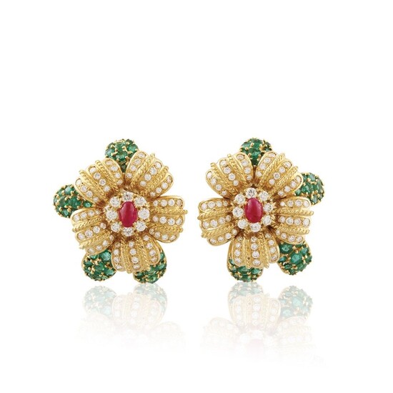 PAIR OF DIAMOND, RUBY, EMERALD AND GOLD EARRINGS