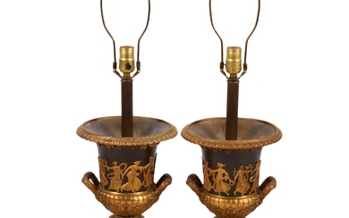 PAIR OF EMPIRE STYLE ORMOLU AND ROUGE MARBLE LAMPS, LATE 19TH CENTURY, Height to the finial: 35 1/4 in. (89.5 cm.)