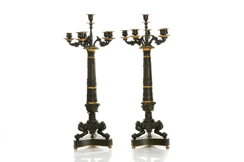 PAIR OF TWO TONED PATINATED BRONZE CANDELABRA