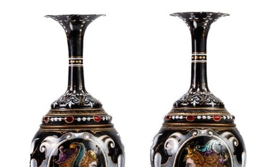 PAIR of (19th c) FRENCH PAINTED ENAMEL VASES
